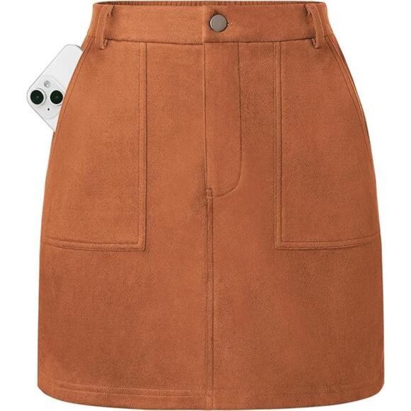 Women Mini Suede Skirt High Waisted Pencil Skirt with Pockets Fall Winter - Picture 7 of 7